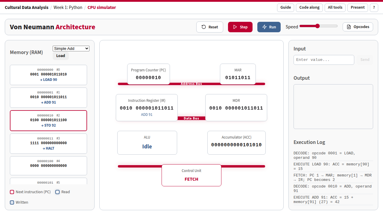 The simulator after six steps of Simple Add: the accumulator holds 42 and all three buses are highlighted.